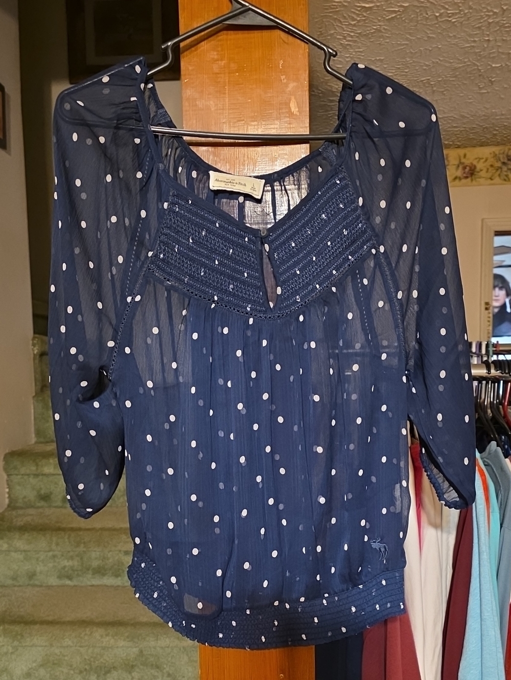 Abercrombie & Fitch Navy and White Polka Dot Sheer Peasant Blouse